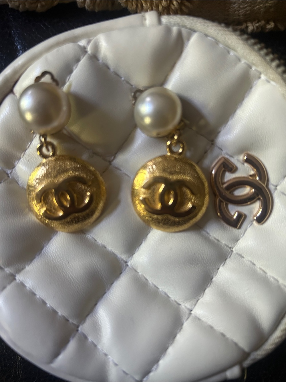 CHANEL Gold and Pearl CC Drop Earrings